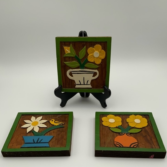 Other - Set of 3 Vintage Handmade Wooden Floral Carvings